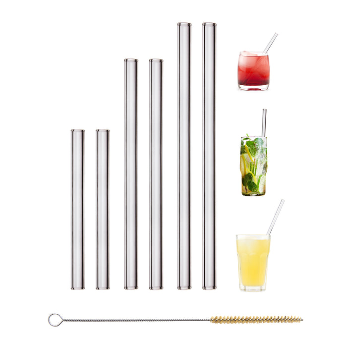Glas-Trinkhalme 6er Set mit Gravur, drei Längen, mit Reinigungsbürste