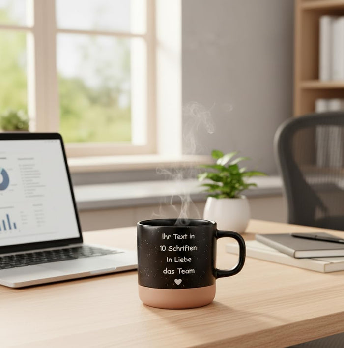 Dampfende schwarze Tasse mit Gravur auf einem Homeoffice-Schreibtisch neben Laptop