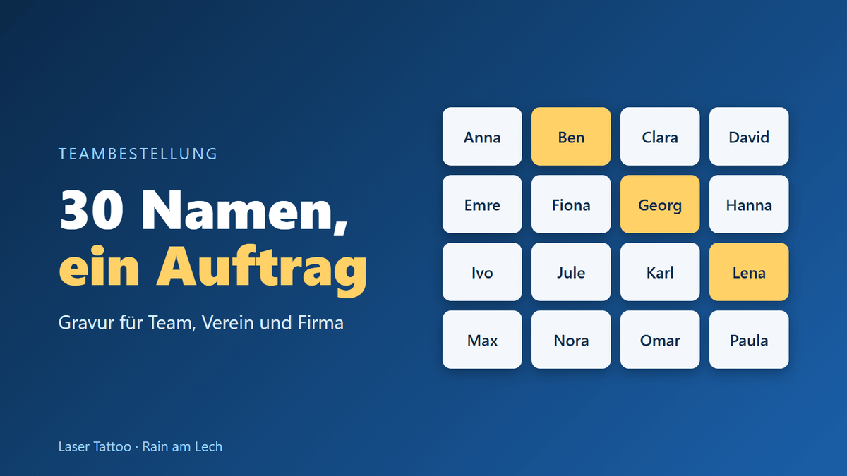 30 Namen, ein Auftrag: Gravur für Team, Verein und Firma - Laser Tattoo - exklusive Lasergravuren e.K.