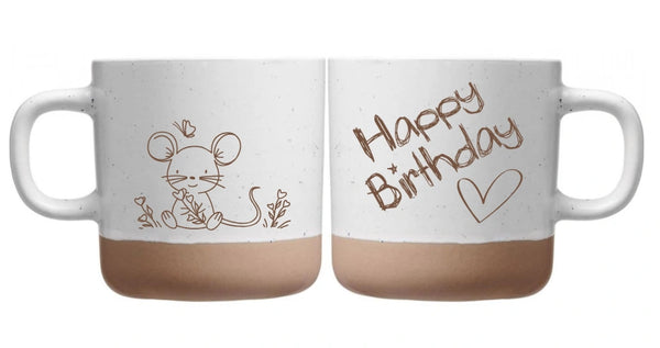 Geburtstags Tasse mit Gravur: Happy Birthday mit süßer Maus – Geschenk Geburtstag