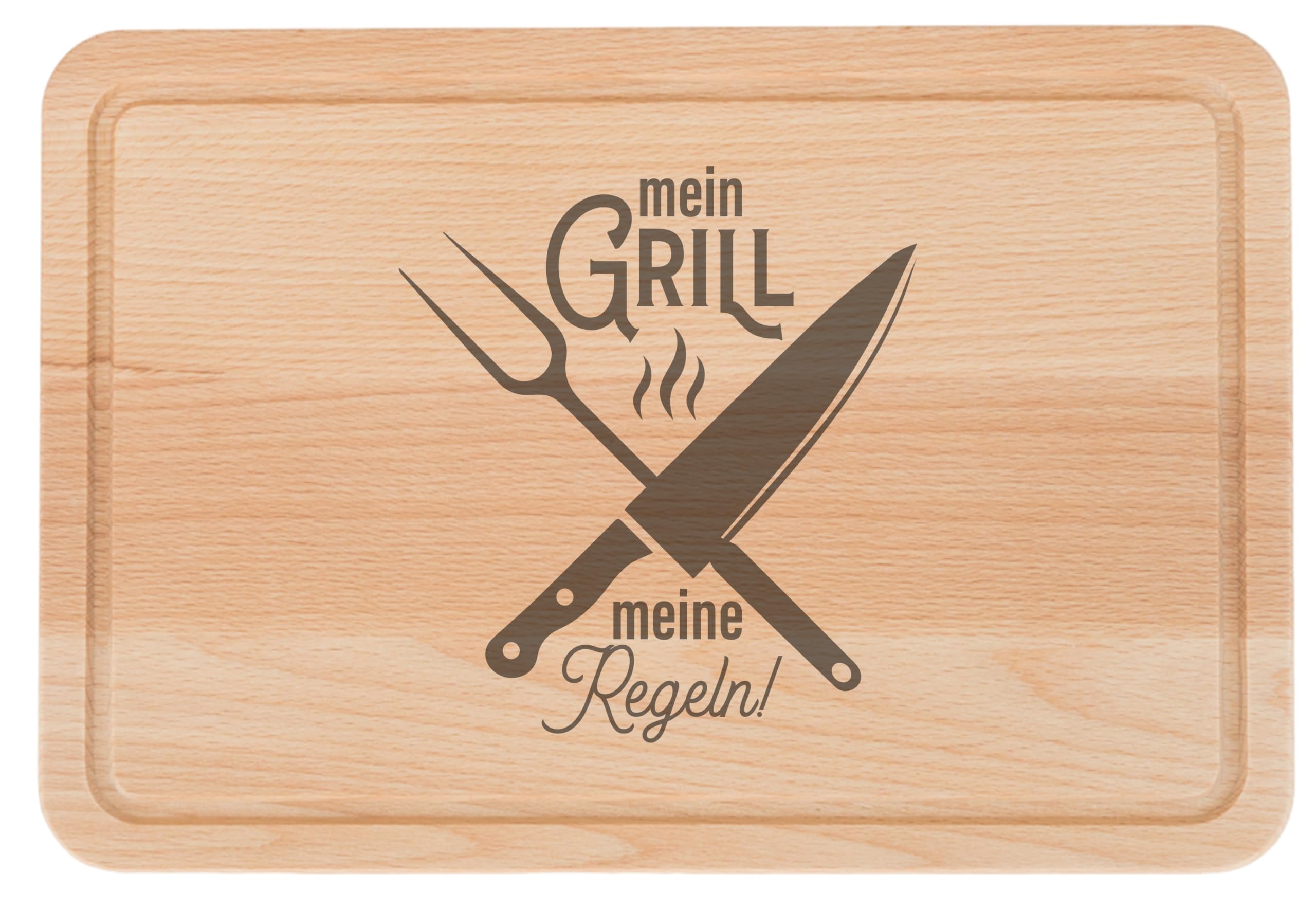 Brotzeitbrett aus Buchenholz mit Gravur „Mein Grill – meine Regeln“, 30×20 cm