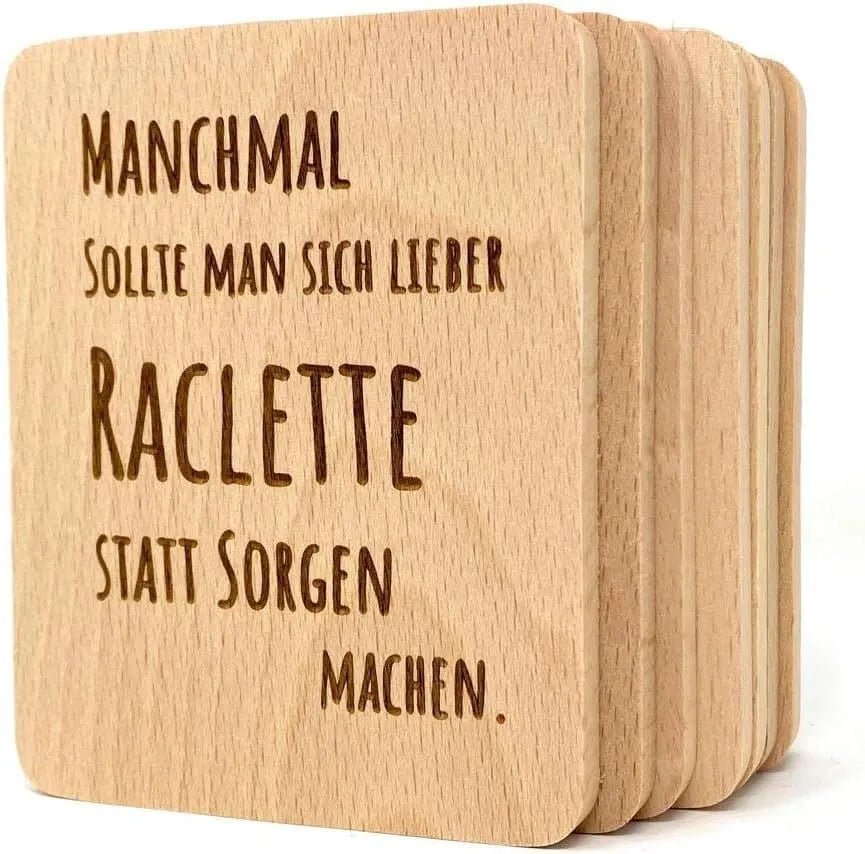 8 Stück Raclette Untersetzer mit Gravur (Statt Sorgen)-Brettchen
