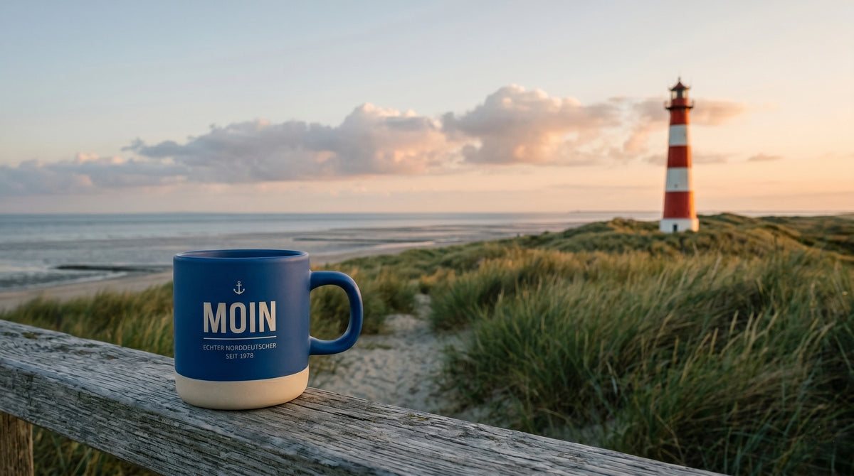 Blaue Keramiktasse mit MOIN Lasergravur vor Düne und Leuchtturm