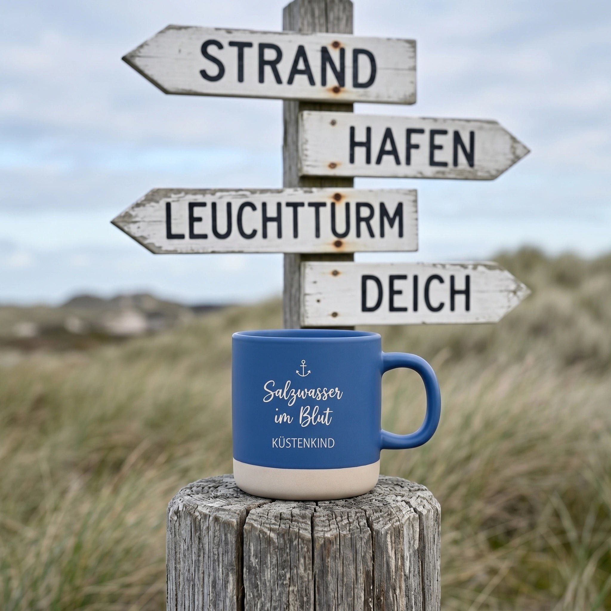 Tasse Küstenkind – Salzwasser im Blut · Maritime Kaffeetasse Blau matt 350ml