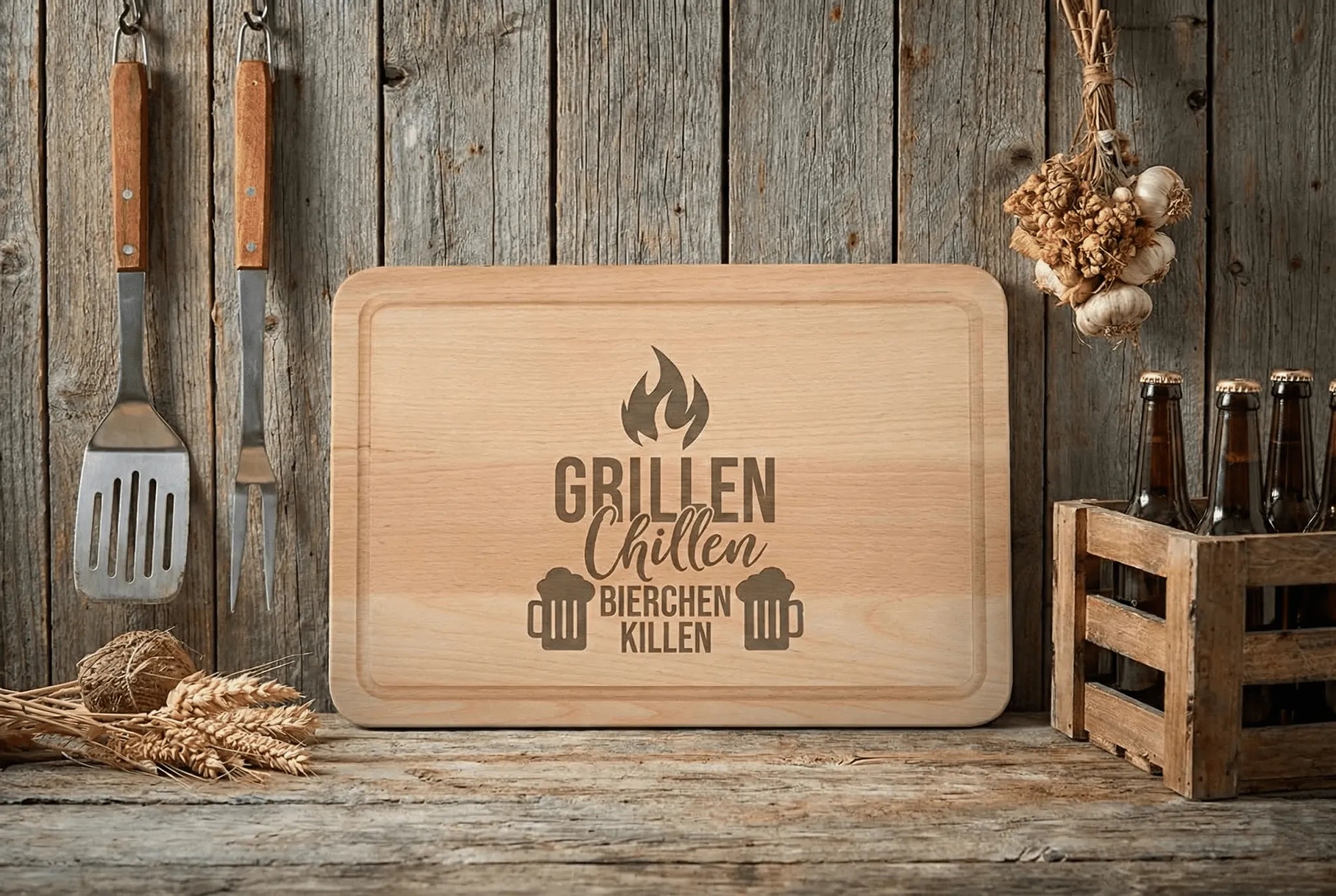 Brotzeitbrett aus Buchenholz – Gravur „Grillen, Chillen, Bierchen“ | 30×20×1,5 cm-Brettchen