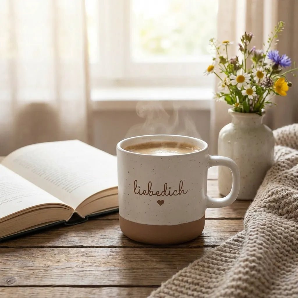 Steingut Tasse "liebedich" mit Herz | Romantische Lasergravur-Tasse