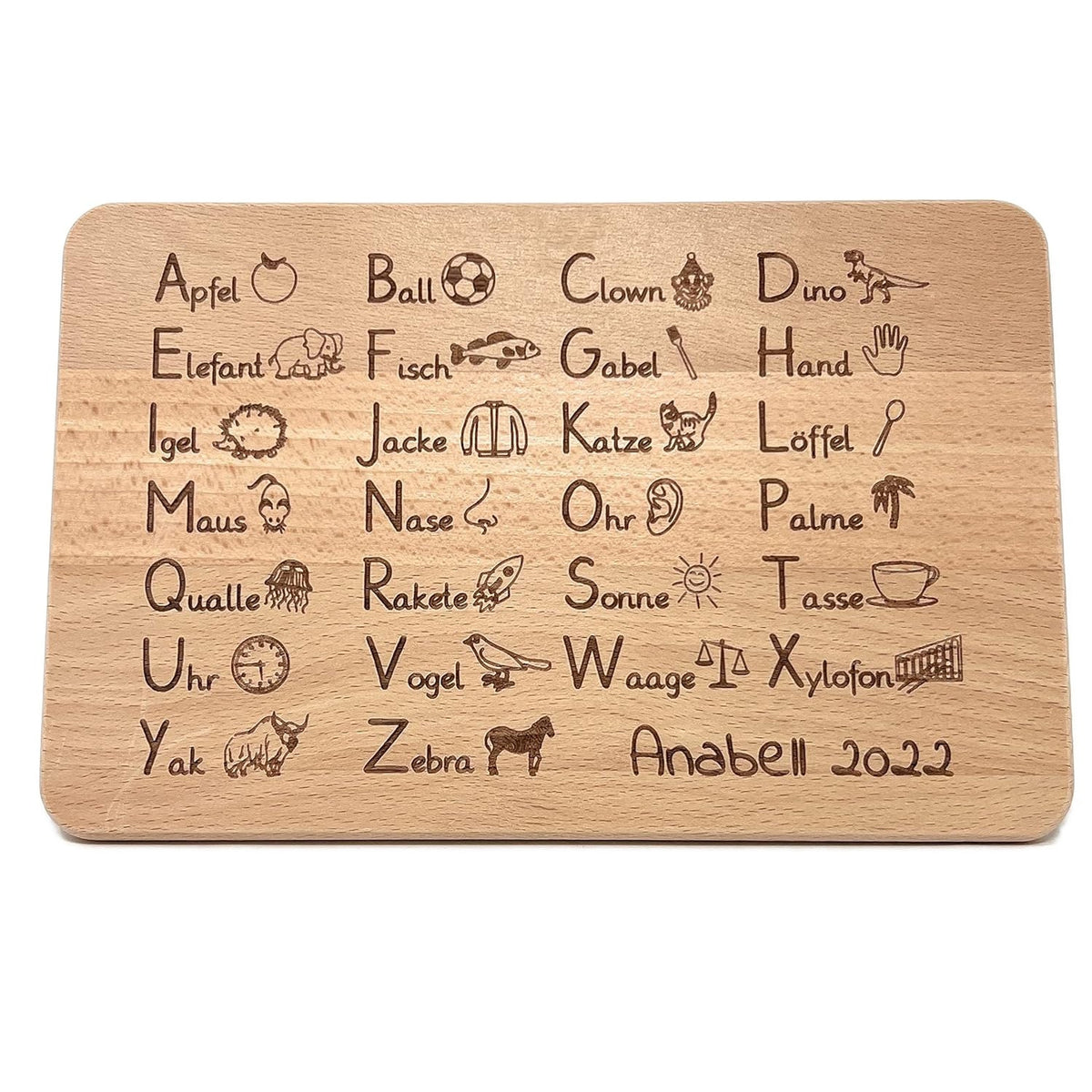 ABC Frühstücksbrett aus Buche Holz – mit Wunschname - Laser Tattoo - exklusive Lasergravuren e.K.