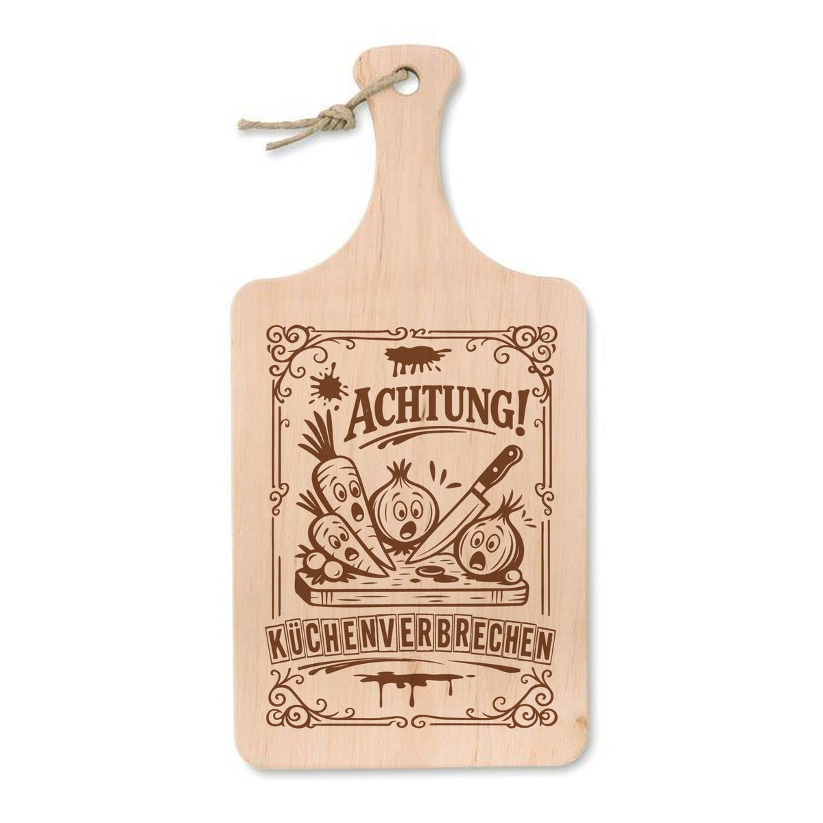 „Achtung, Küchenverbrechen“ – Schneidebrett mit Gravur, Erle 37 × 18 cm - Laser Tattoo - exklusive Lasergravuren e.K.