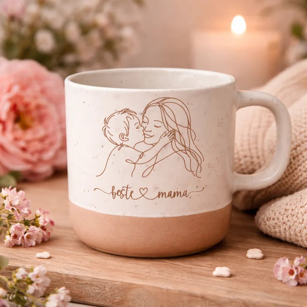 Beste Mama Tasse 360 ml – Single Line Motiv mit Herz - Laser Tattoo - exklusive Lasergravuren e.K.