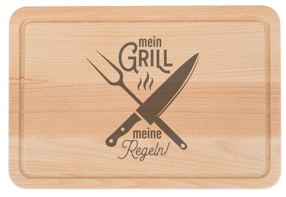 Brotzeitbrett aus Buchenholz mit Gravur „Mein Grill – meine Regeln“ | 30×20×1,5 cm - Laser Tattoo - exklusive Lasergravuren e.K.