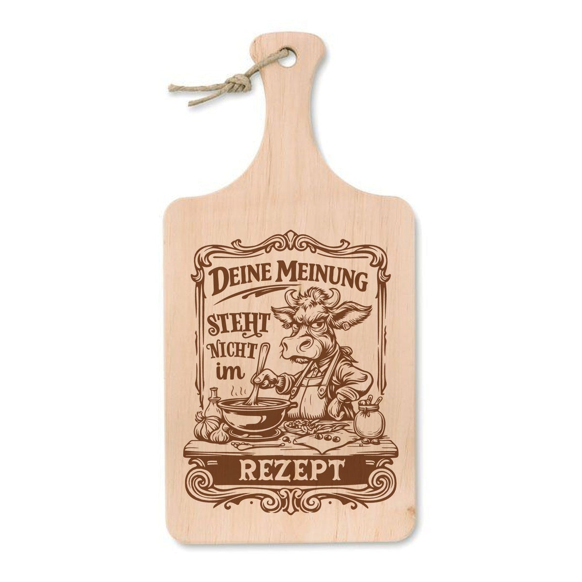 „Deine Meinung steht nicht im Rezept“ – Schneidebrett mit Gravur, Erle 37 × 18 cm - Laser Tattoo - exklusive Lasergravuren e.K.