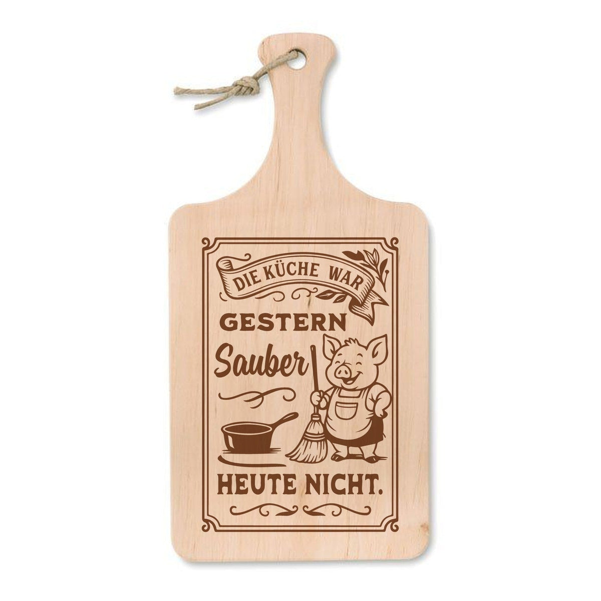 „Die Küche war gestern sauber“ – Schneidebrett mit Gravur, Erle 37 × 18 cm - Laser Tattoo - exklusive Lasergravuren e.K.