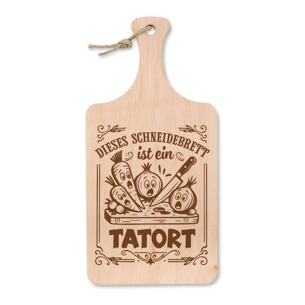 „Dieses Schneidebrett ist ein Tatort“ – Schneidebrett mit Gravur, Erle 37 × 18 cm - Laser Tattoo - exklusive Lasergravuren e.K.
