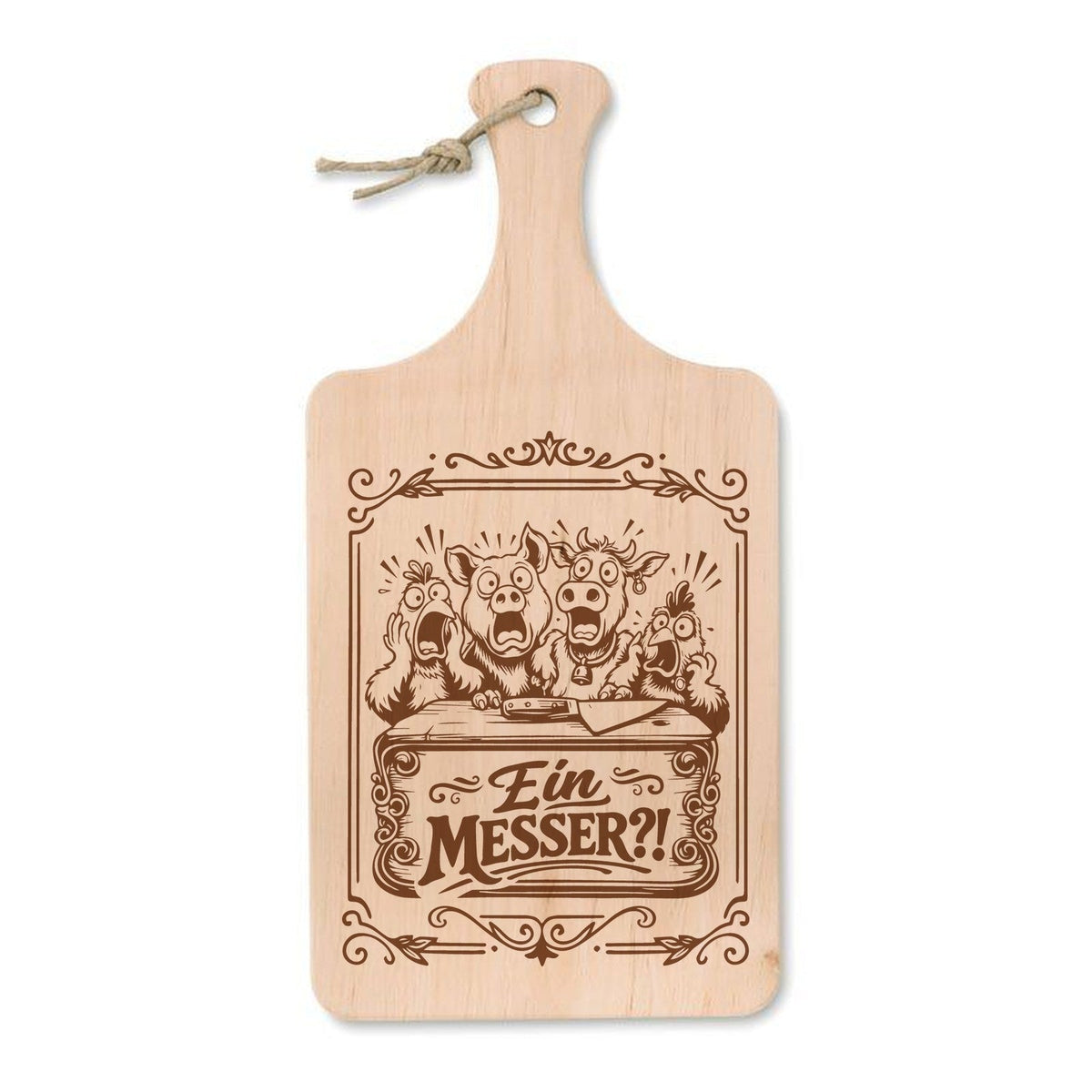 „Ein Messer?!“ – Schneidebrett mit Gravur, Erle 37 × 18 cm - Laser Tattoo - exklusive Lasergravuren e.K.
