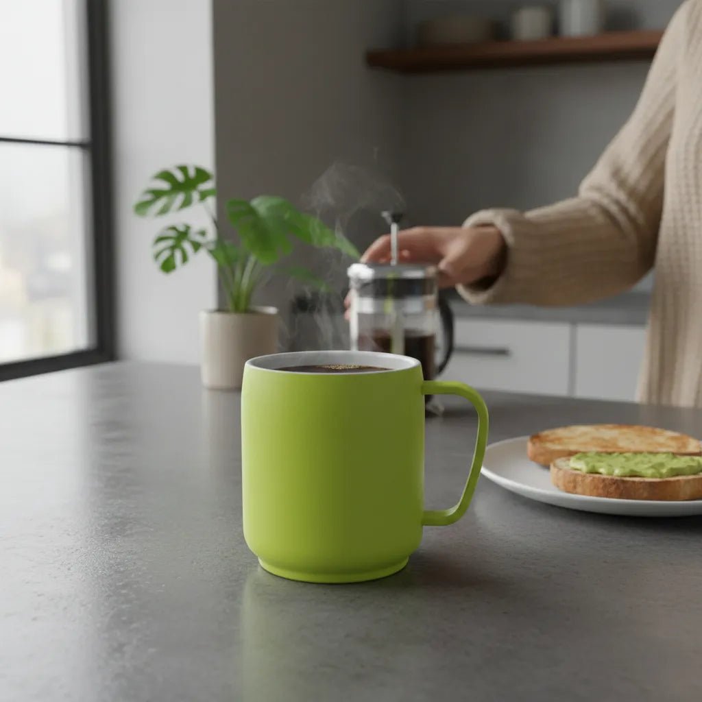 hellgrüner Thermobecher 350 ml mit Keramik - Innenbeschichtung | Doppelwandige Isolier - Tasse - Laser Tattoo - exklusive Lasergravuren e.K.