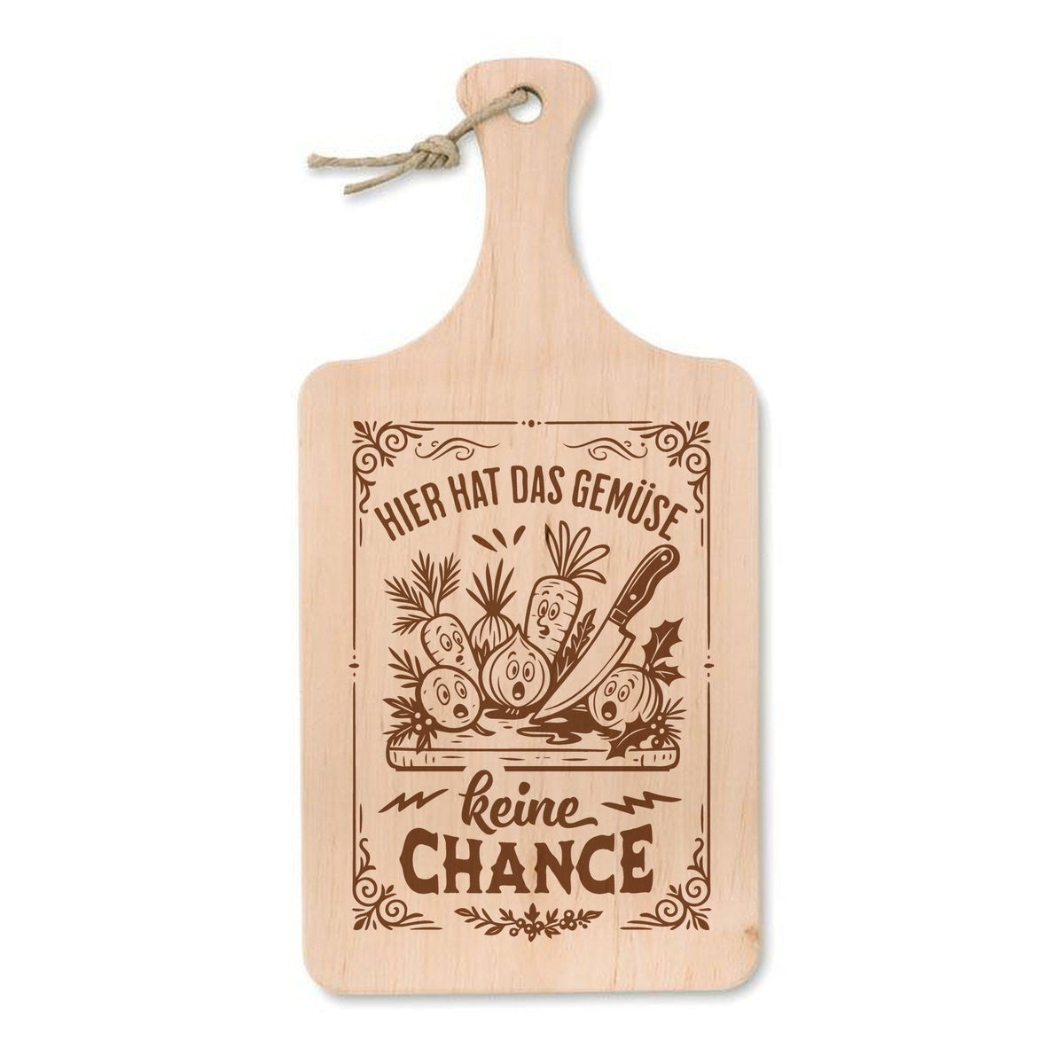 „Hier hat das Gemüse keine Chance“ – Schneidebrett mit Gravur, Erle 37 × 18 cm - Laser Tattoo - exklusive Lasergravuren e.K.