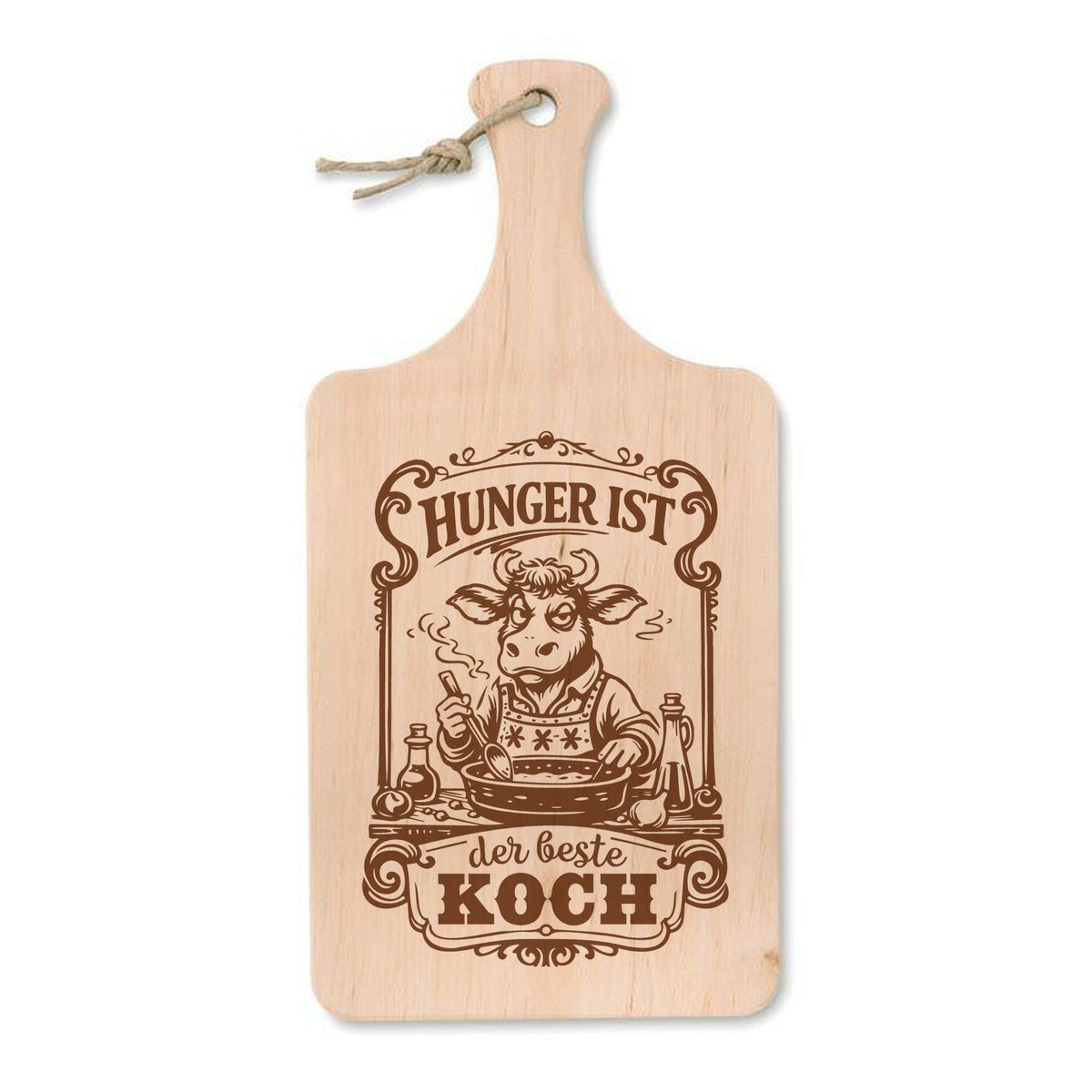 „Hunger ist der beste Koch“ – Schneidebrett mit Gravur, Erle 37 × 18 cm - Laser Tattoo - exklusive Lasergravuren e.K.