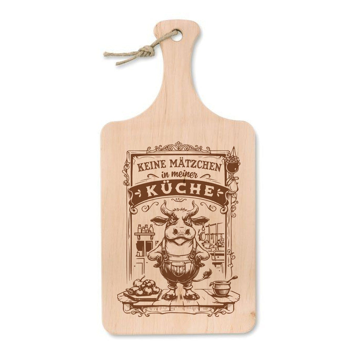 „Keine Mätzchen in meiner Küche“ – Schneidebrett mit Gravur, Erle 37 × 18 cm - Laser Tattoo - exklusive Lasergravuren e.K.
