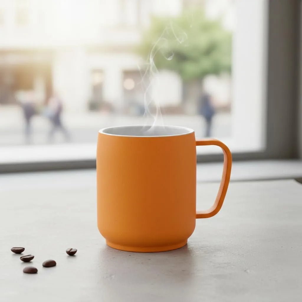 orangener Thermobecher 350 ml mit Keramik - Innenbeschichtung | Doppelwandige Isolier - Tasse - Laser Tattoo - exklusive Lasergravuren e.K.