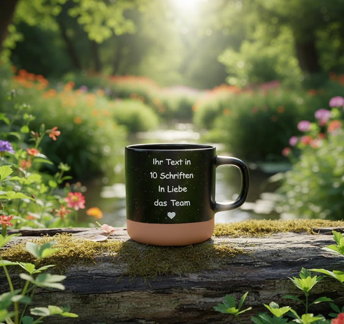 Personalisierte Kaffeetasse mit Gravur – Schwarz, 360 ml, Sprenkel-Optik - Laser Tattoo - exklusive Lasergravuren e.K.