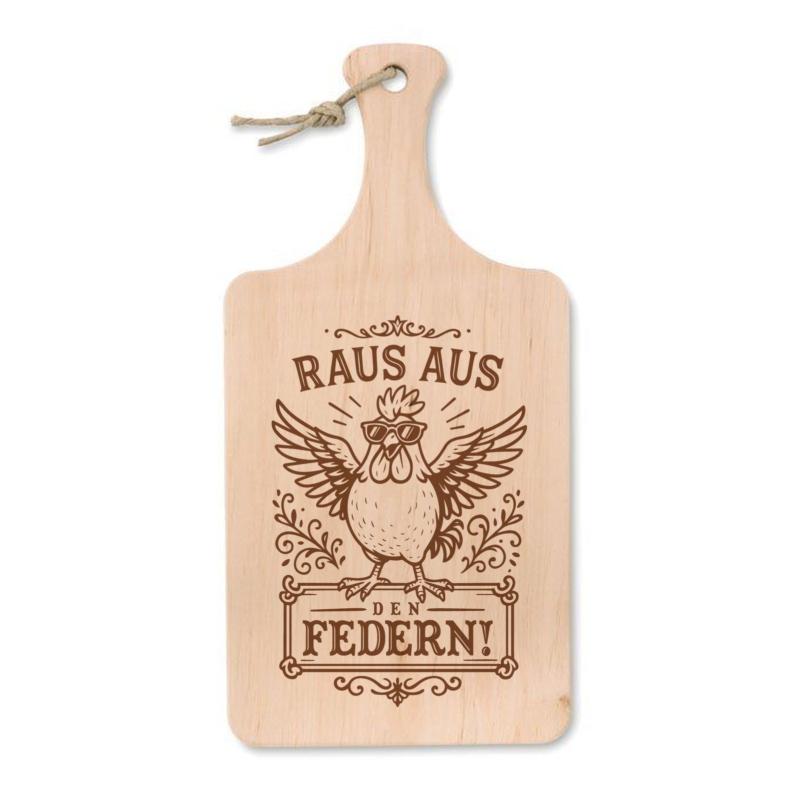 „Raus aus den Federn“ – Schneidebrett mit Gravur, Erle 37 × 18 cm - Laser Tattoo - exklusive Lasergravuren e.K.