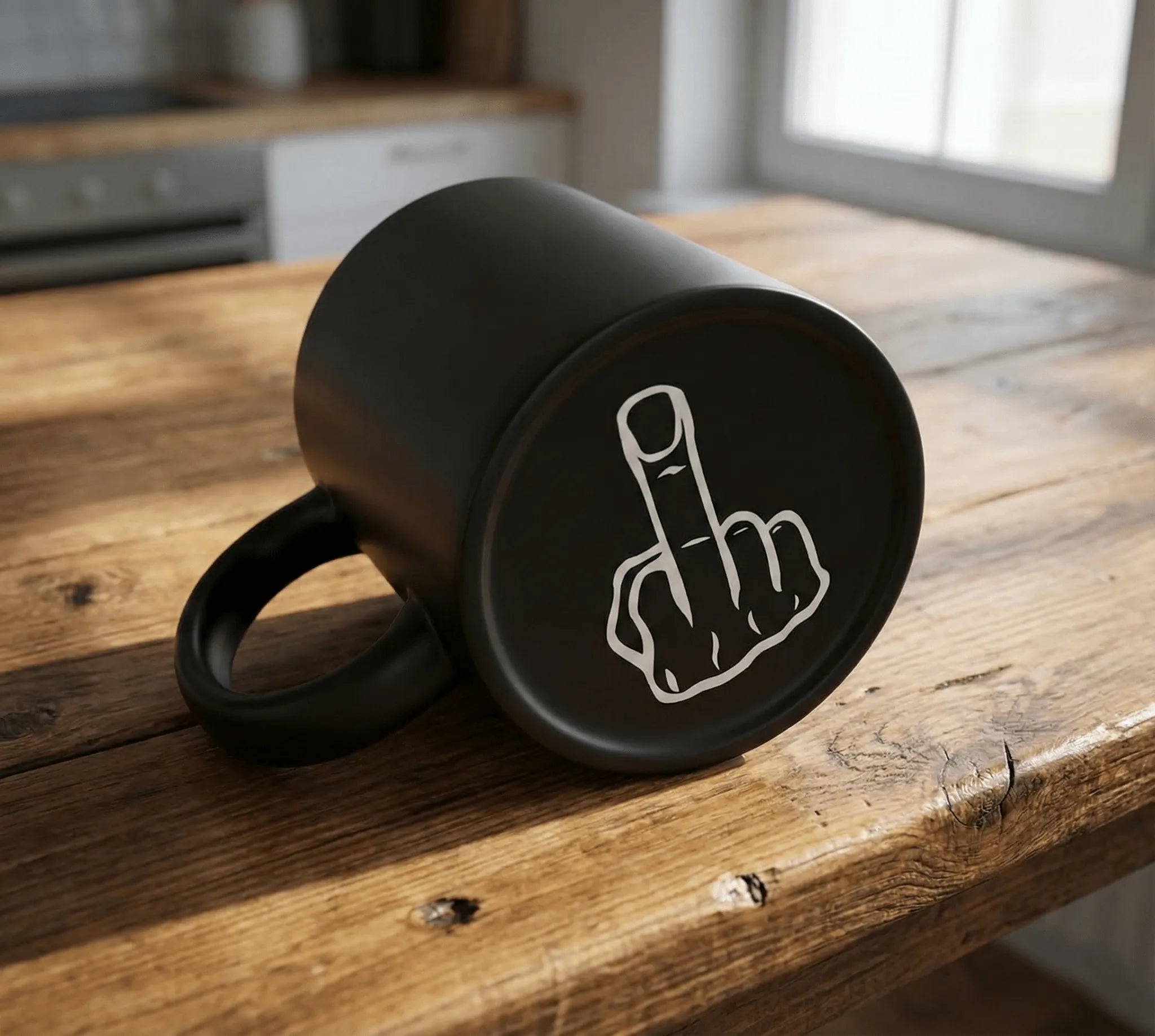 Sag es ohne Worte – Kaffeetasse mit Mittelfinger auf der Unterseite (Schwarz/Weiß) - Laser Tattoo - exklusive Lasergravuren e.K.