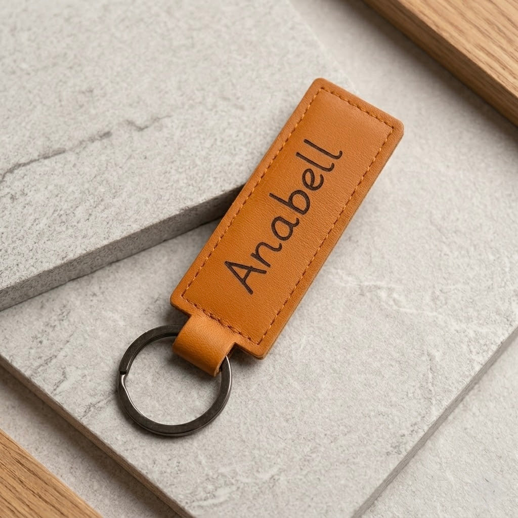 Schlüsselanhänger aus Leder mit Namensgravur Anabell in Schwarz, Cognac