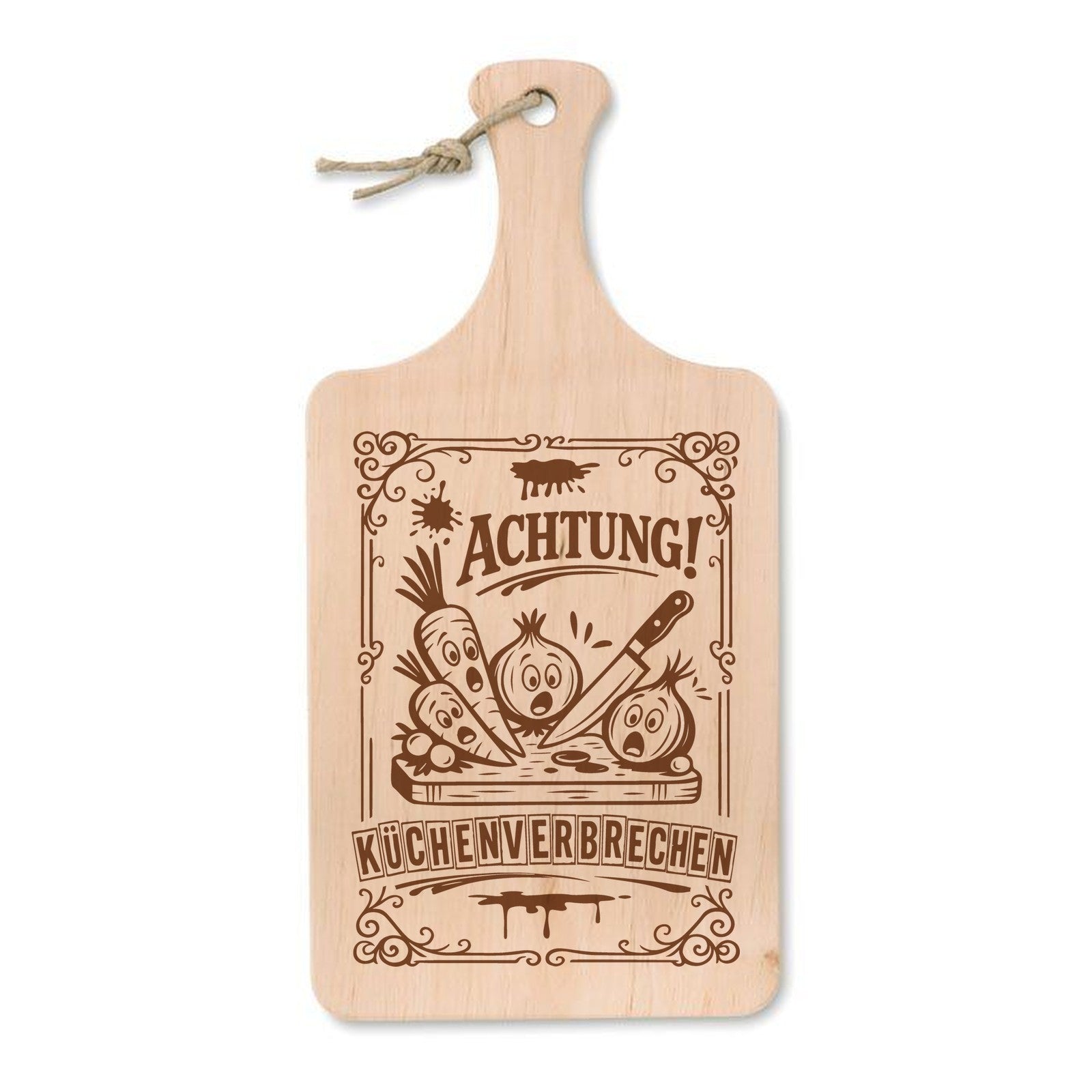 Schneidebrett aus Erle mit Lasergravur Achtung Küchenverbrechen – Zwiebel und Knoblauch mit Messer, 37 × 18 cm