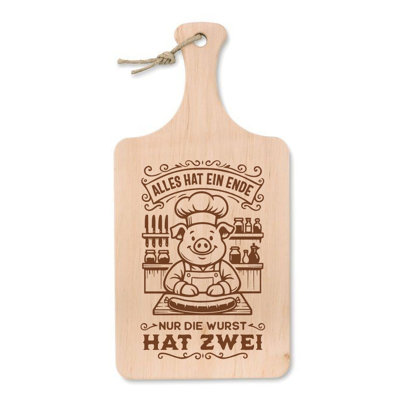 Schneidebrett aus Erle mit Lasergravur Alles hat ein Ende, nur die Wurst hat zwei – Schwein mit Kochmütze am Schneidebrett, 37 × 18 cm