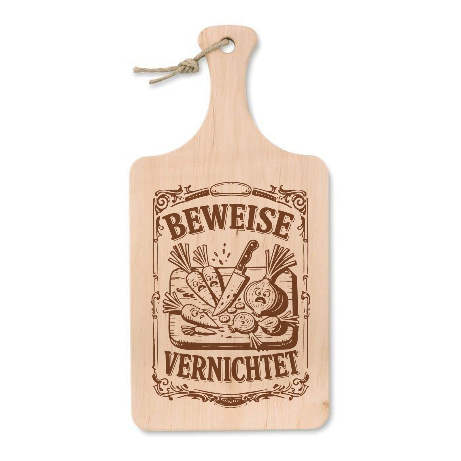 Schneidebrett aus Erle mit Lasergravur Beweise vernichtet – Messer, Gabel und Gemüse, 37 × 18 cm