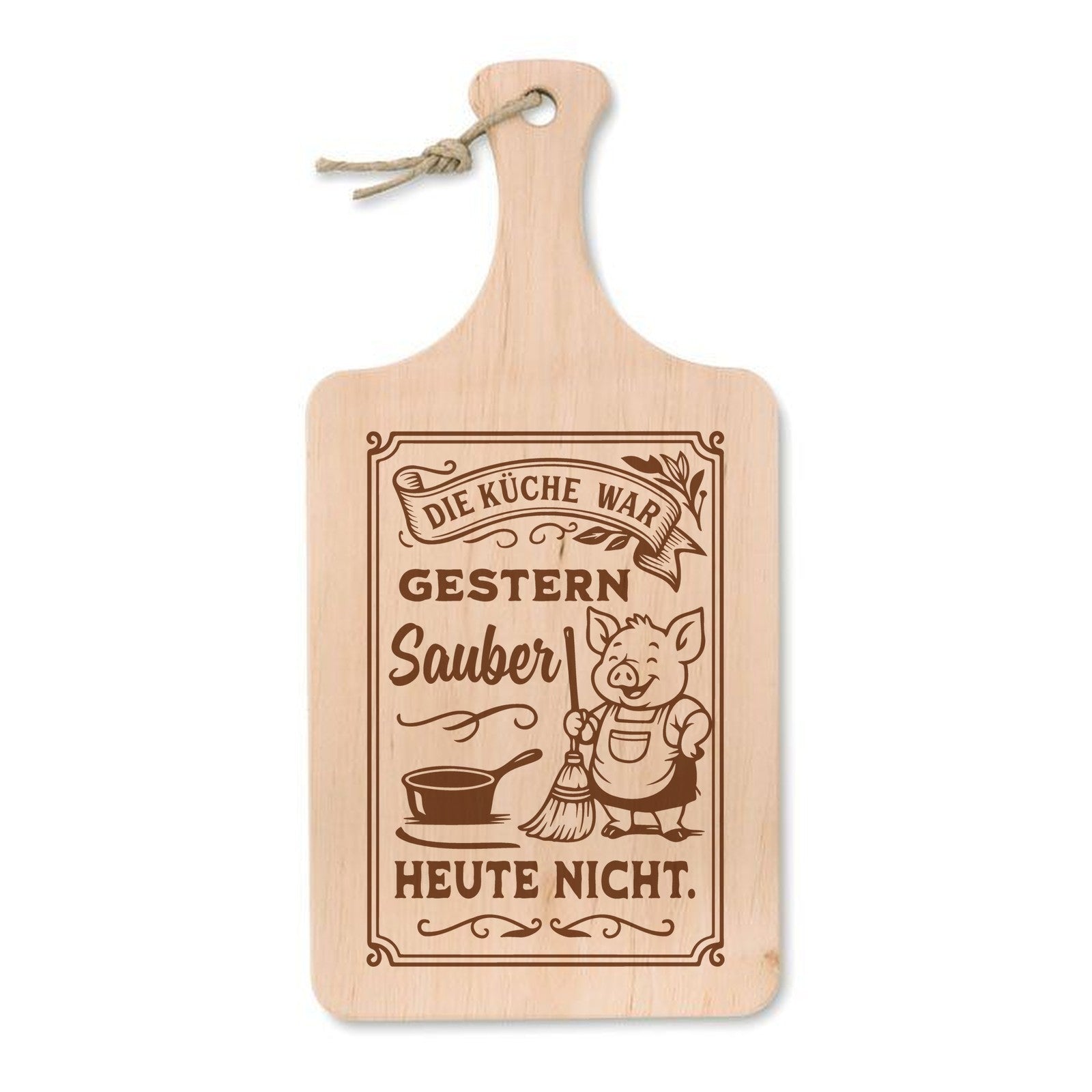 Schneidebrett aus Erle mit Lasergravur Die Küche war gestern sauber, heute nicht – Schwein mit Schürze und Besen, 37 × 18 cm