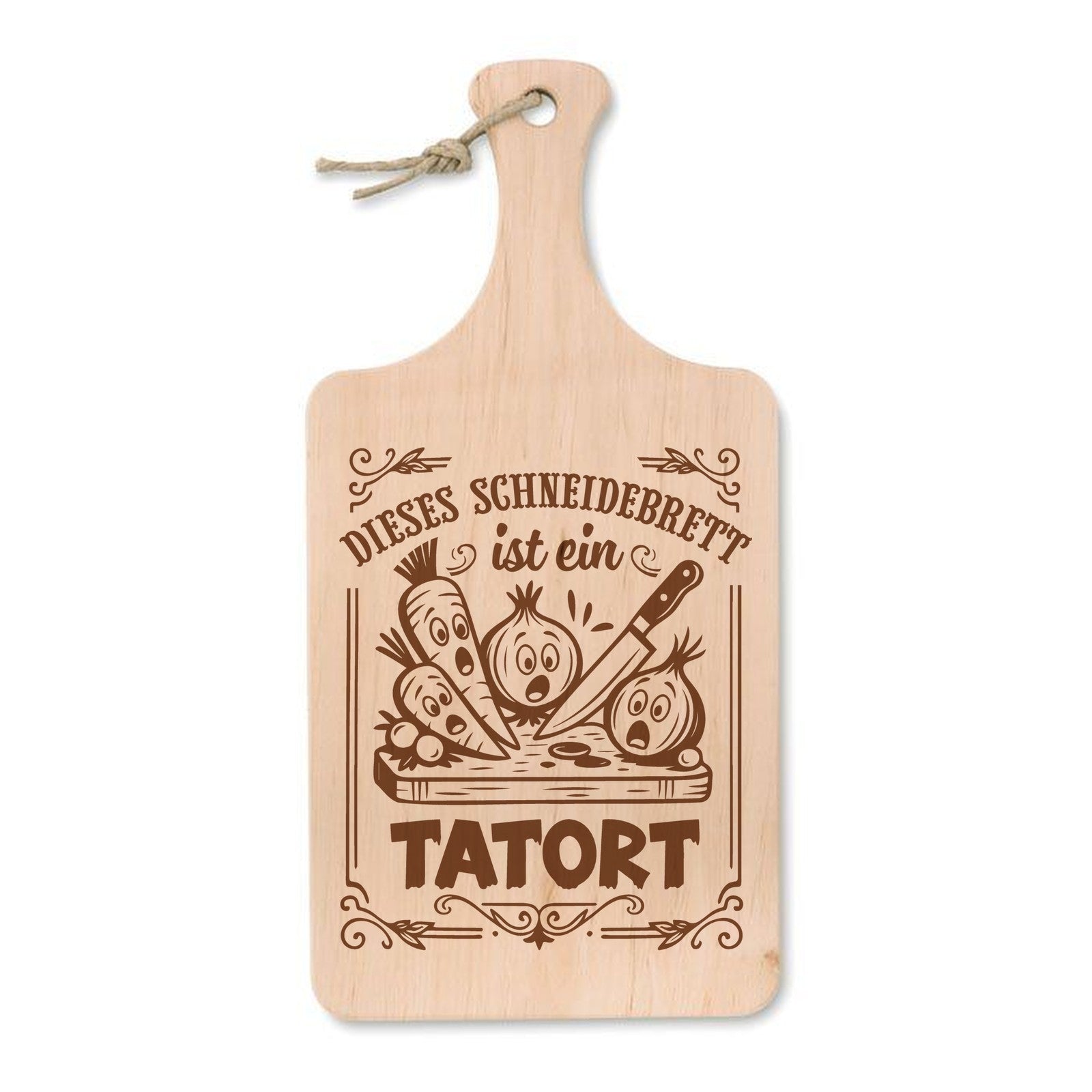 Schneidebrett aus Erle mit Lasergravur Dieses Schneidebrett ist ein Tatort – Karotte und Zwiebel mit Messer, 37 × 18 cm