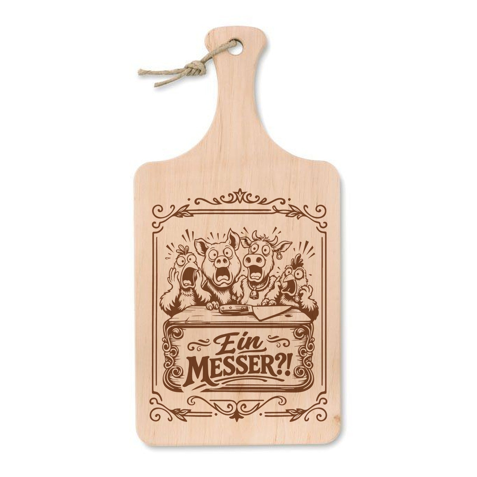 Schneidebrett aus Erle mit Lasergravur Ein Messer – erschrockene Schweine am Schneidebrett, 37 × 18 cm