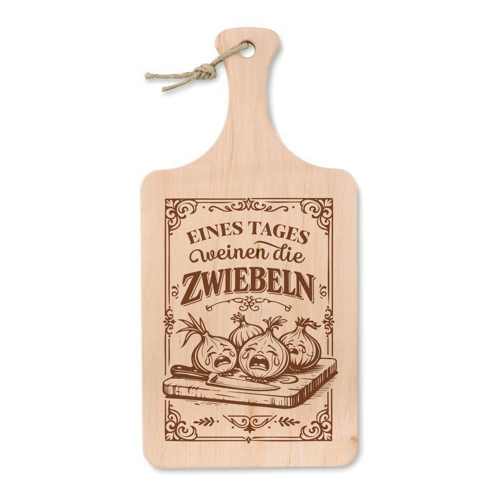 Schneidebrett aus Erle mit Lasergravur Eines Tages weinen die Zwiebeln – traurige Zwiebeln auf dem Schneidebrett, 37 × 18 cm