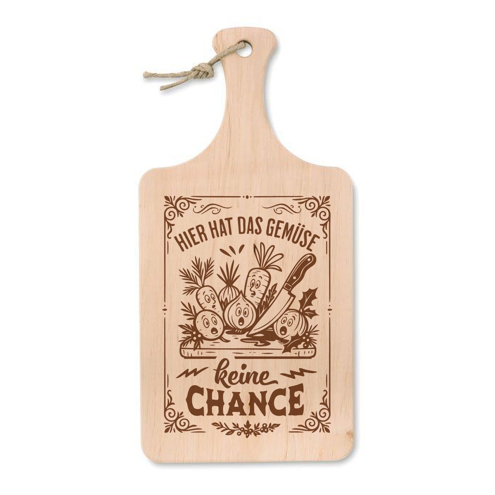 Schneidebrett aus Erle mit Lasergravur Hier hat das Gemüse keine Chance – Gemüse mit Gesichtern und Messer, 37 × 18 cm