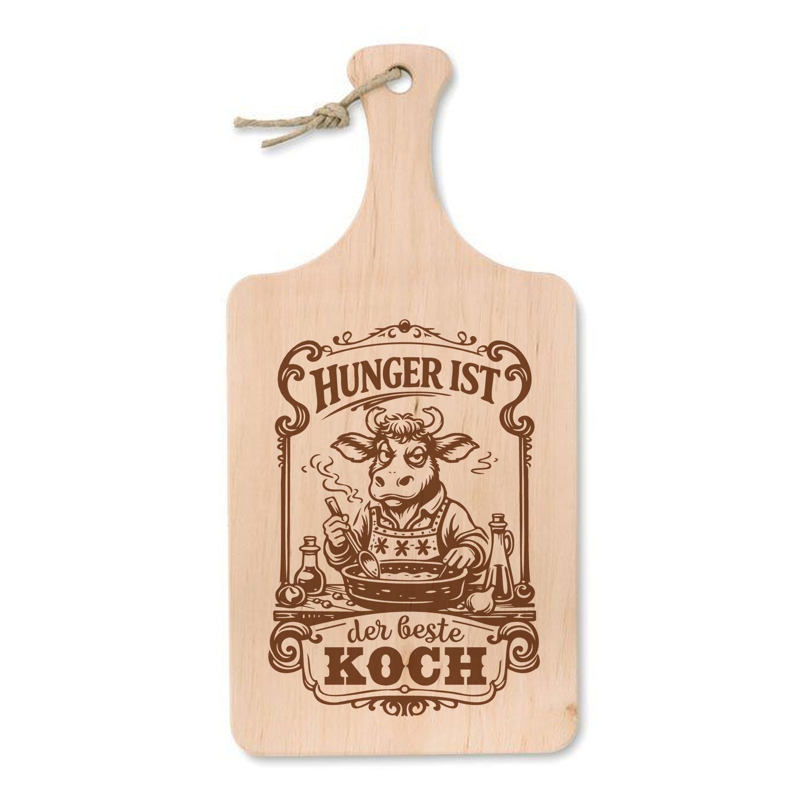 Schneidebrett aus Erle mit Lasergravur Hunger ist der beste Koch – Kuh über dampfendem Topf, 37 × 18 cm