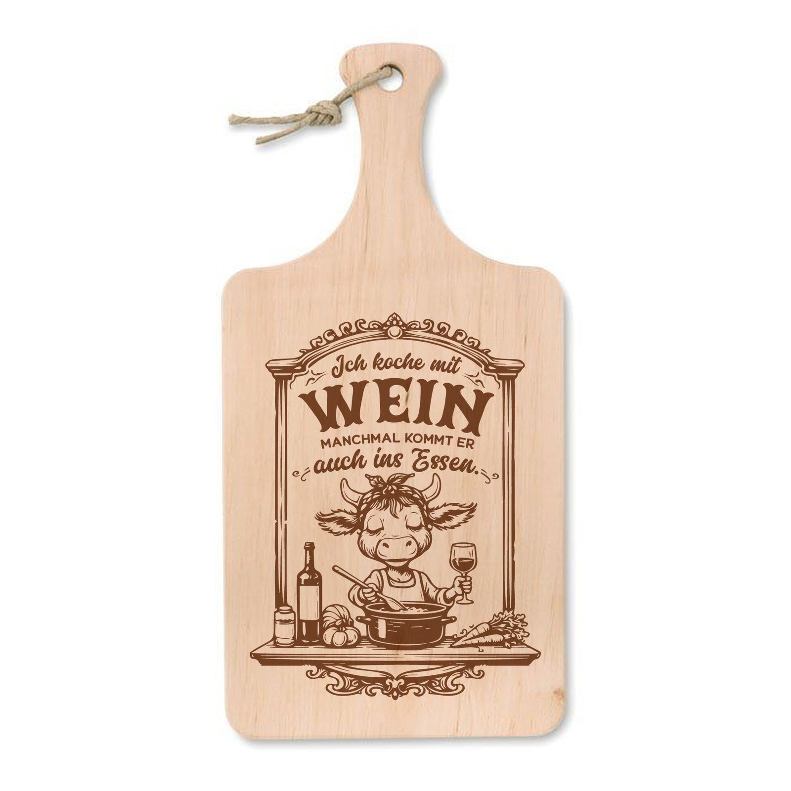 Schneidebrett aus Erle mit Lasergravur Ich koche mit Wein – Kuh mit Weinglas am Kochtopf, 37 × 18 cm