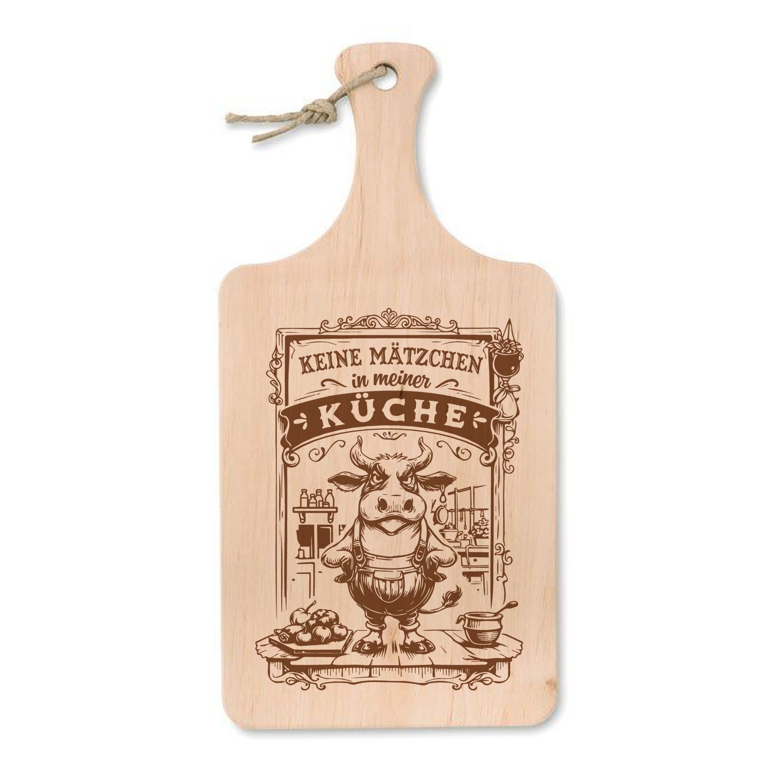 Schneidebrett aus Erle mit Lasergravur Keine Mätzchen in meiner Küche – Kuh mit Schürze vor der Küchenzeile, 37 × 18 cm