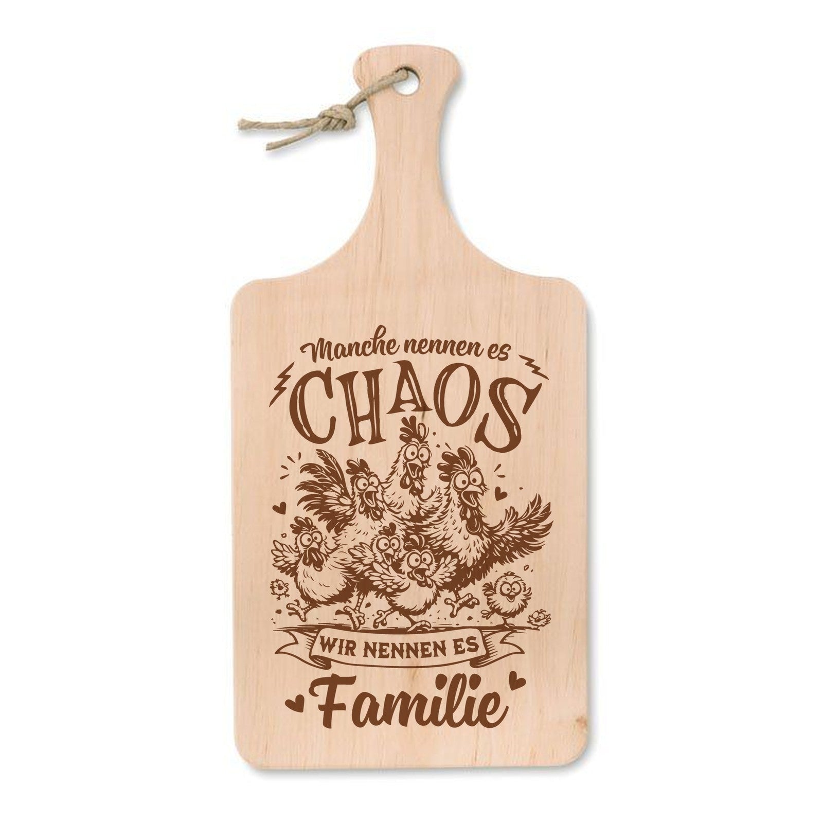 Schneidebrett aus Erle mit Lasergravur Manche nennen es Chaos, wir nennen es Familie – Hühnerschar mit Küken, 37 × 18 cm