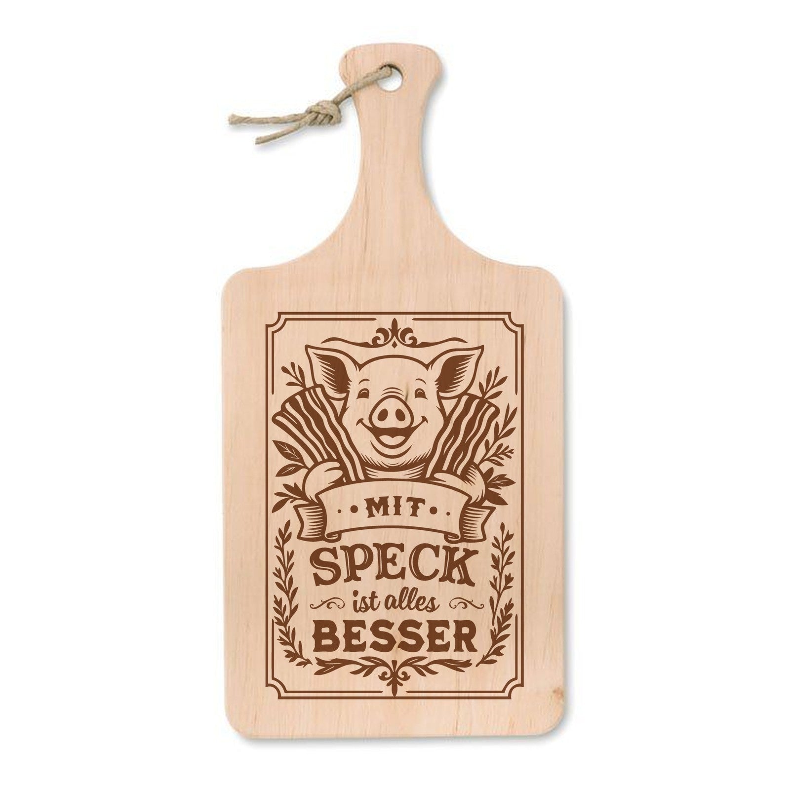 Schneidebrett aus Erle mit Lasergravur Mit Speck ist alles besser – Schwein zwischen Speckstreifen, 37 × 18 cm