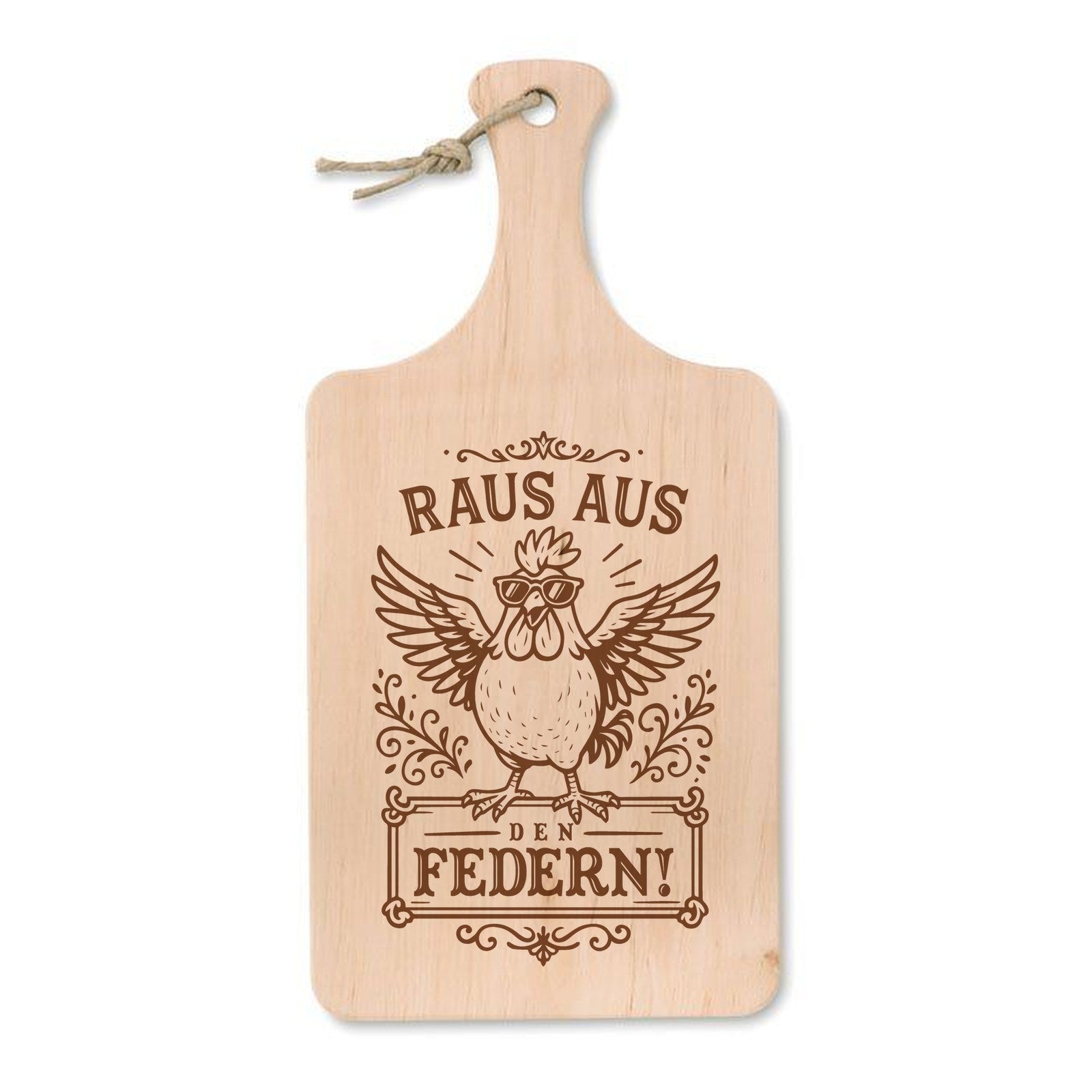 Schneidebrett aus Erle mit Lasergravur Raus aus den Federn – Huhn mit Sonnenbrille und ausgebreiteten Flügeln, 37 × 18 cm