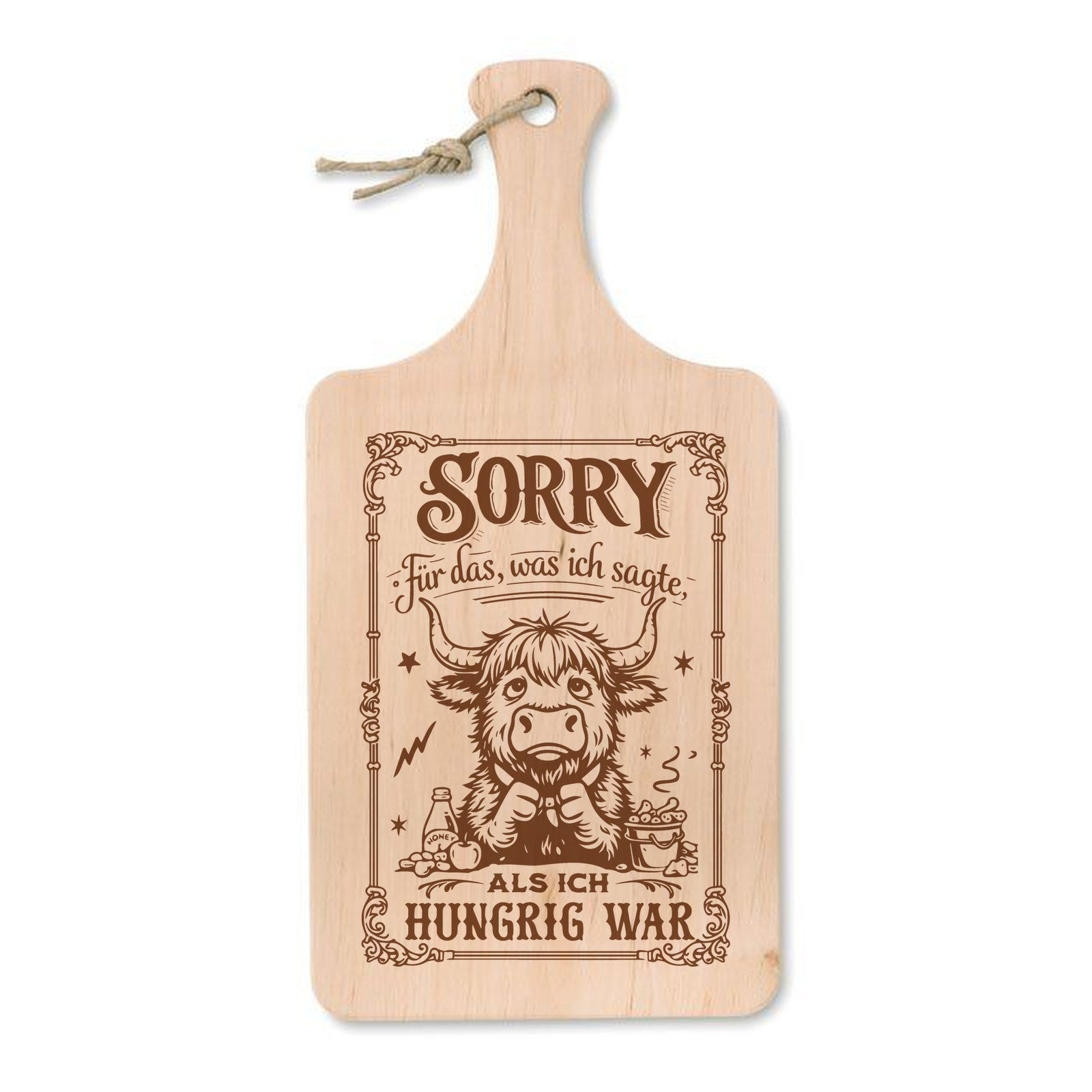 Schneidebrett aus Erle mit Lasergravur Sorry für das, was ich sagte, als ich hungrig war – zerknirschtes Highlandrind, 37 × 18 cm