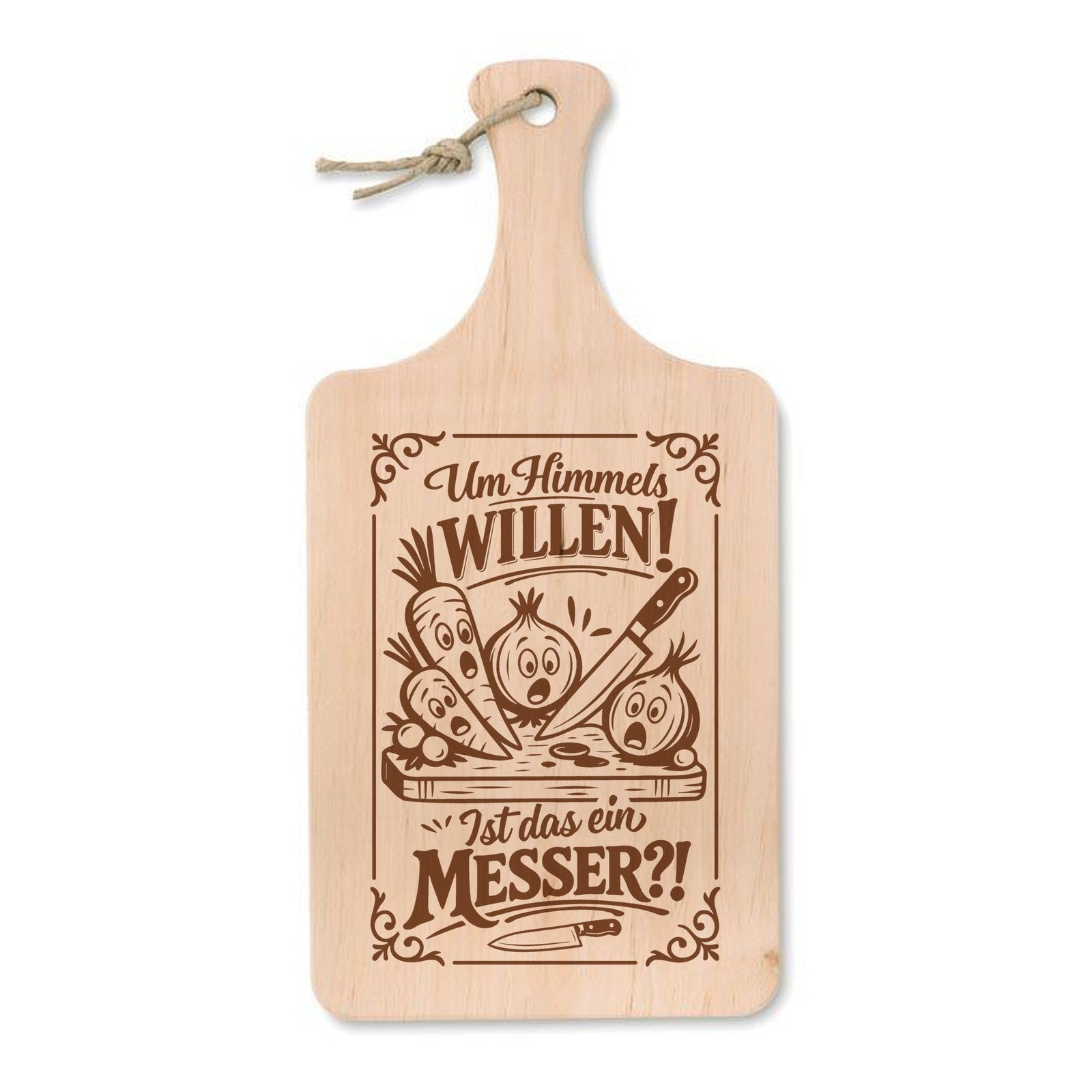 Schneidebrett aus Erle mit Lasergravur Um Himmels willen, ist das ein Messer – erschrockene Zwiebeln mit Messer, 37 × 18 cm