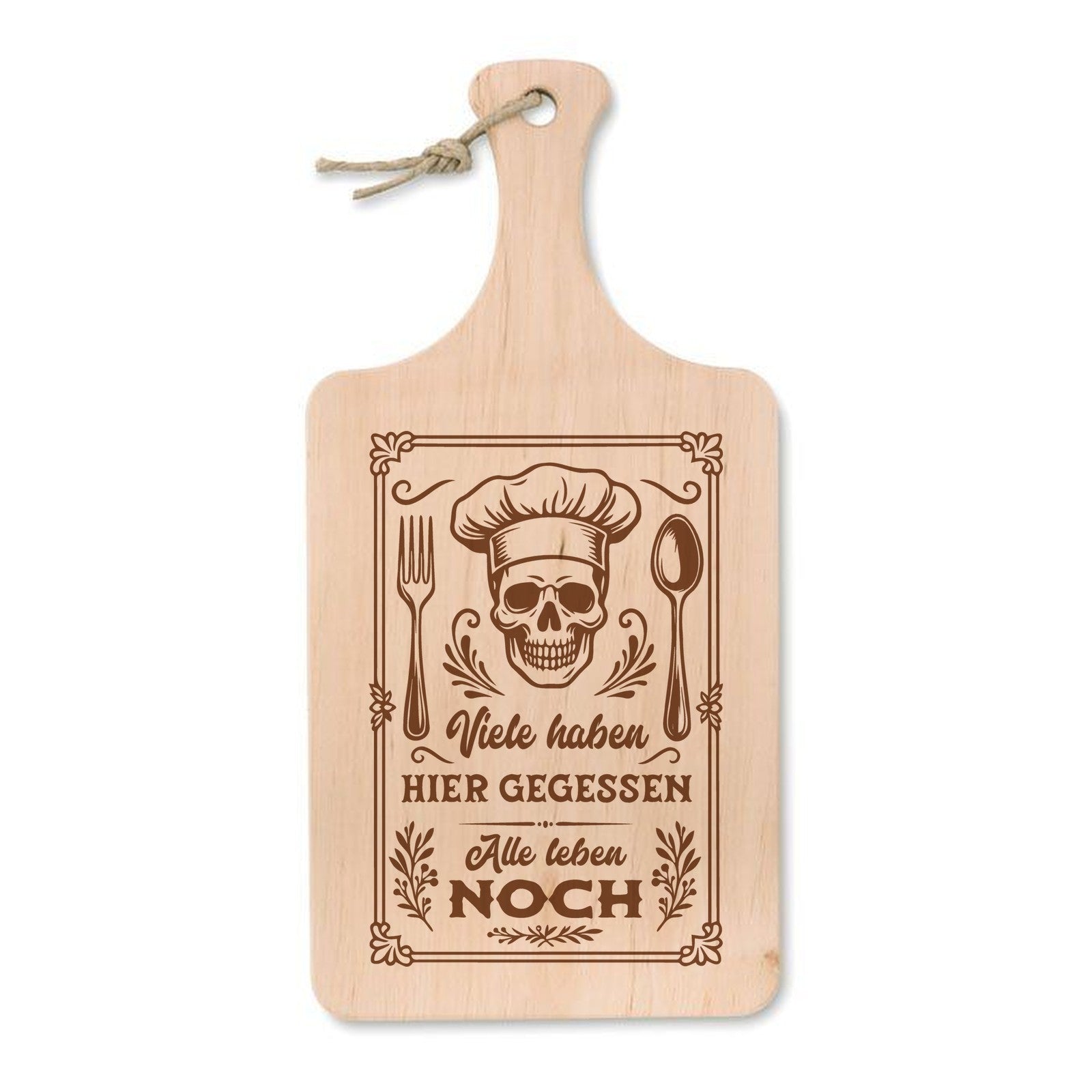 Schneidebrett aus Erle mit Lasergravur Viele haben hier gegessen, alle leben noch – Totenkopf mit Kochmütze, Gabel und Löffel, 37 × 18 cm