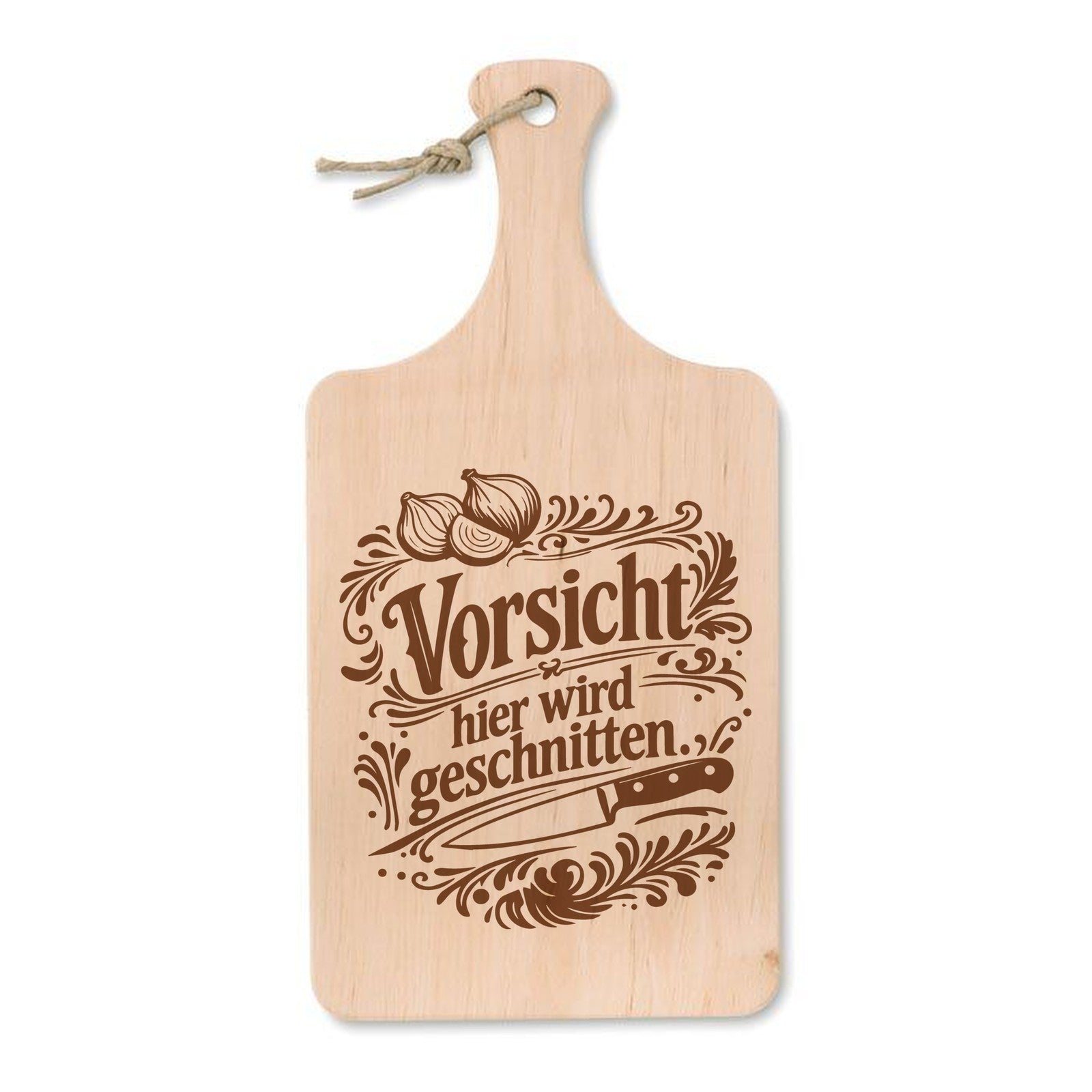 Schneidebrett aus Erle mit Lasergravur Vorsicht, hier wird geschnitten – Zwiebeln mit Messer und Schriftzug, 37 × 18 cm