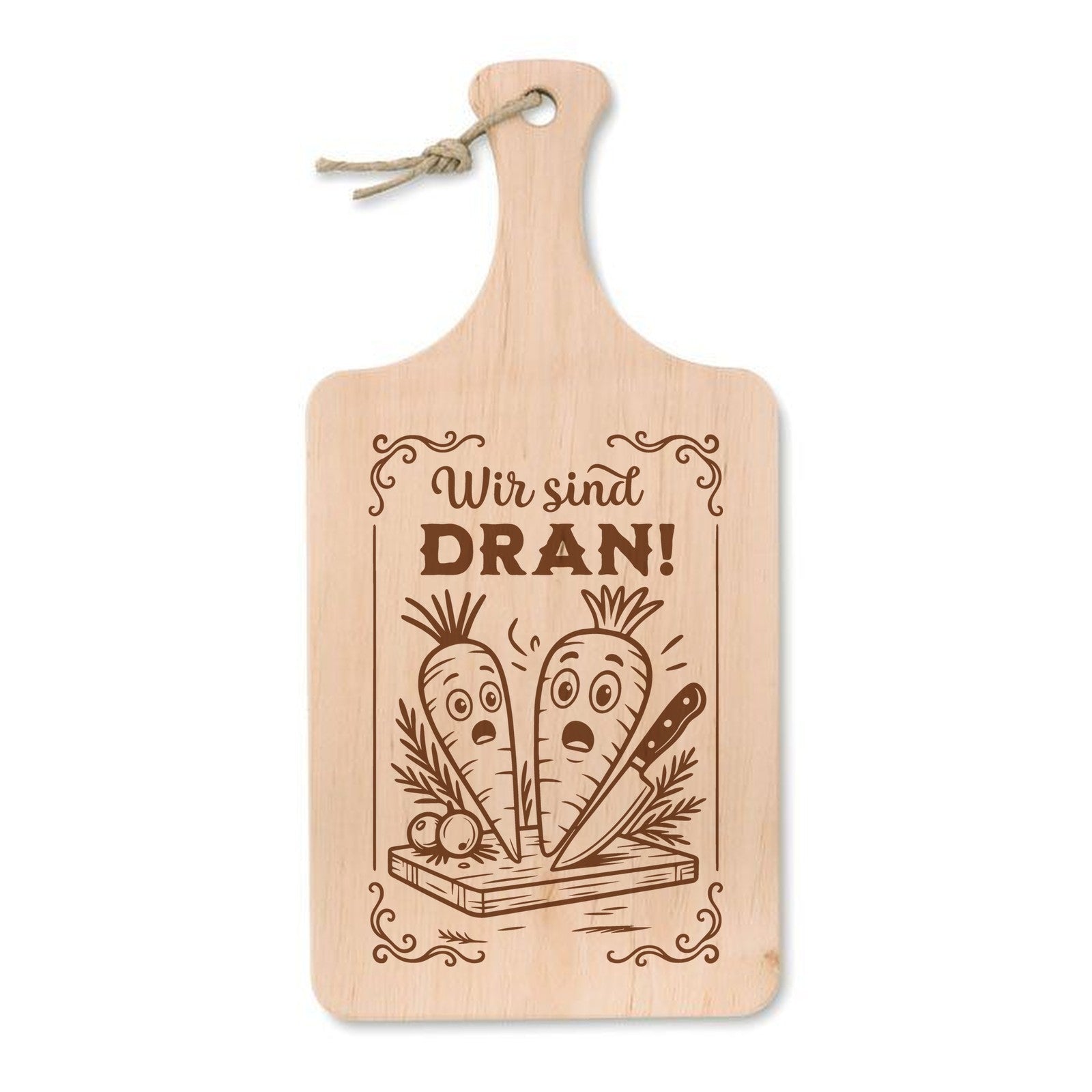 Schneidebrett aus Erle mit Lasergravur Wir sind dran – Karotten und Zwiebel mit großen Augen, 37 × 18 cm