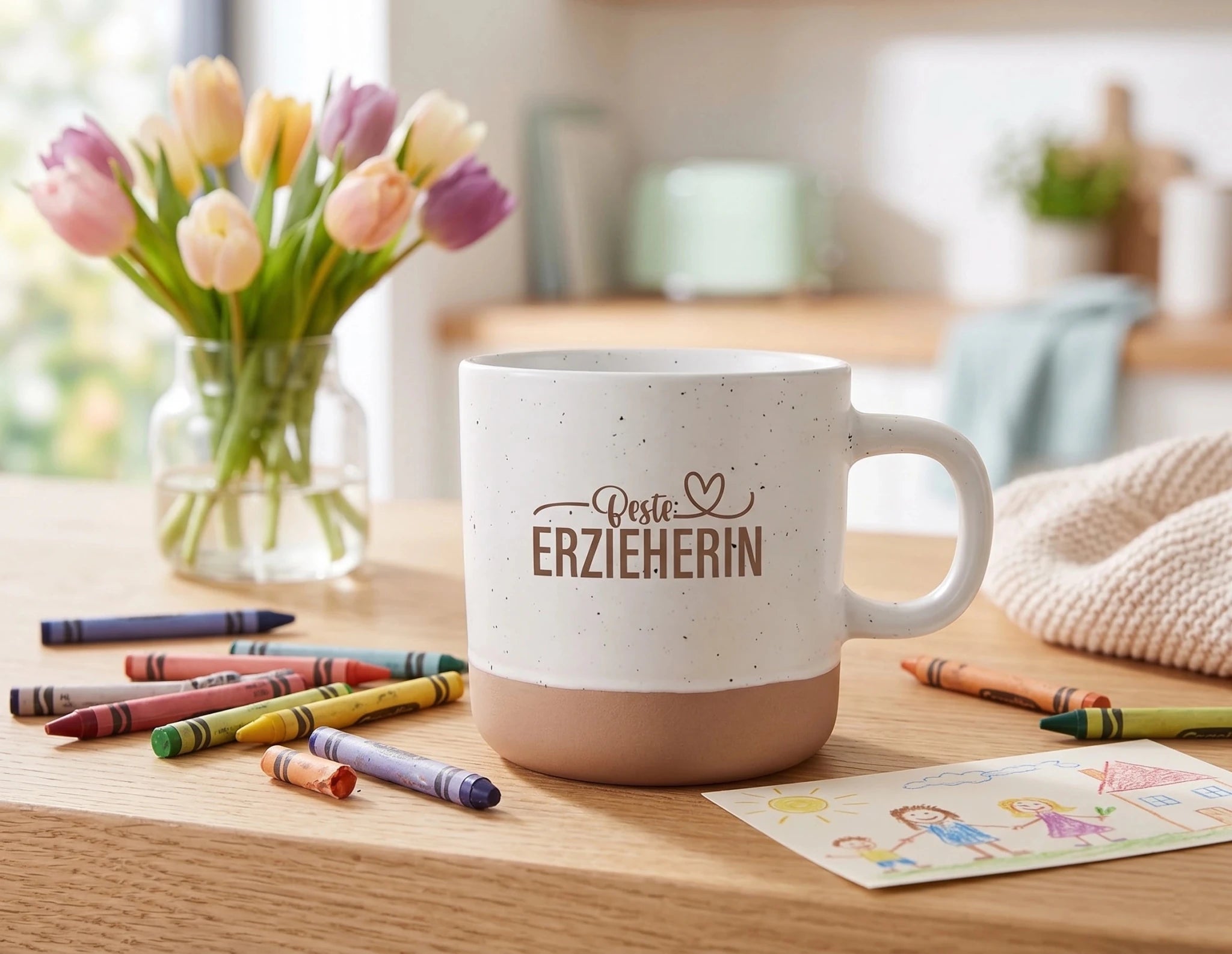 Tasse Beste Erzieherin – Geschenk mit Gravur, weiße Keramiktasse 360ml mit Sprenkel - Optik - Laser Tattoo - exklusive Lasergravuren e.K.