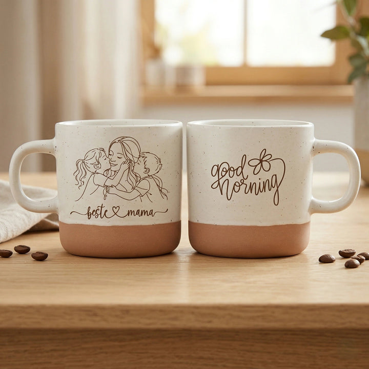 Personalisierte Tasse Beste Mama mit Line Art Gravur und individuellem Namen, 360 ml Keramik weiß