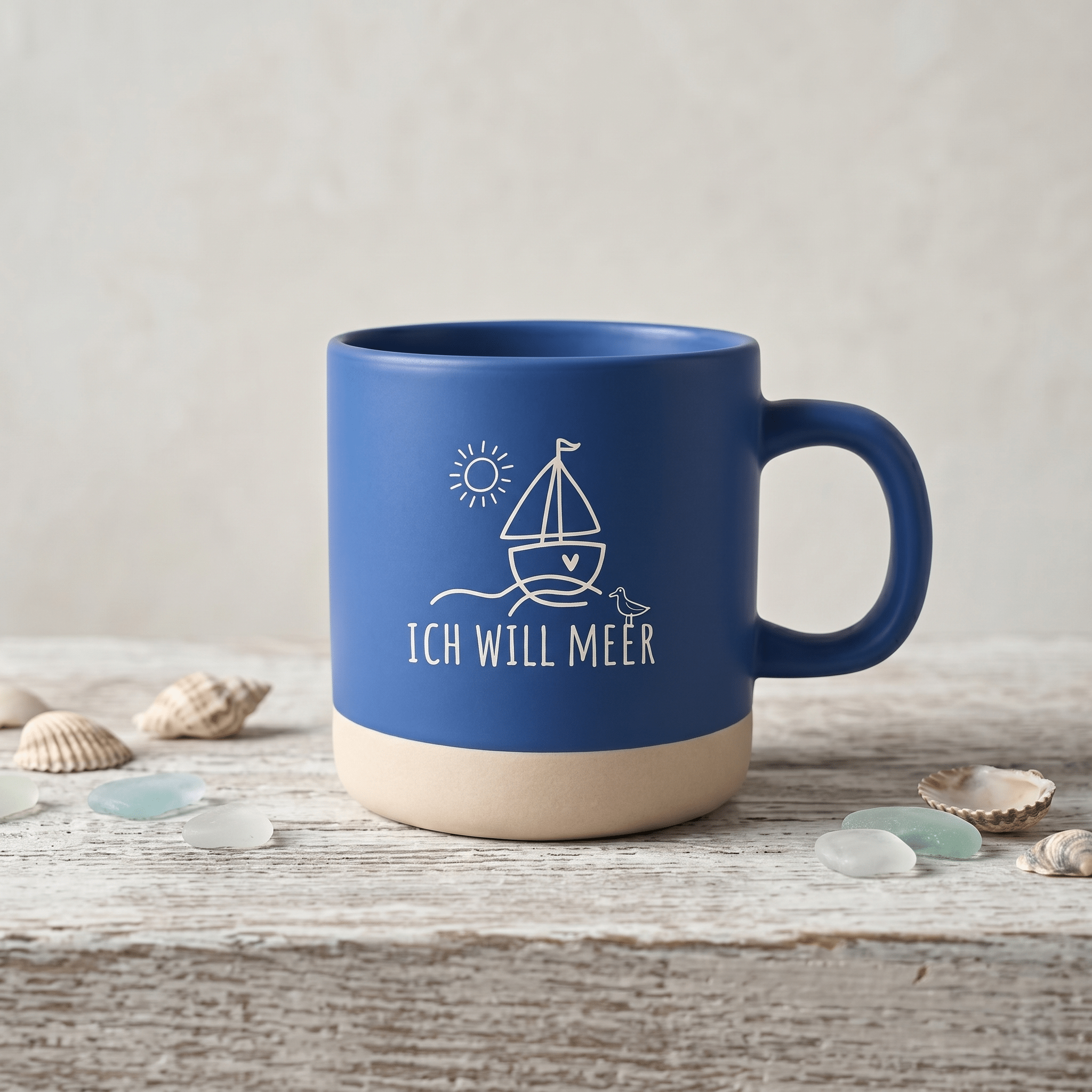 Tasse Ich will Meer Segelboot – Maritime Kaffeetasse Blau matt 350ml - Laser Tattoo - exklusive Lasergravuren e.K.