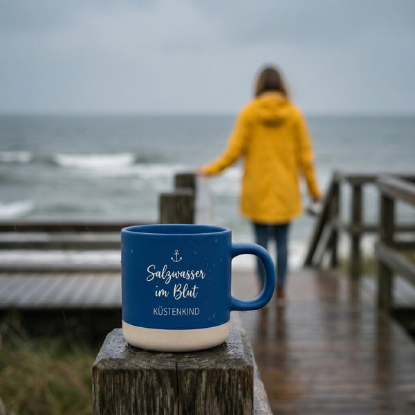 Küstenkind Tasse mit Gravur – Salzwasser im Blut, maritim blau matt 350ml